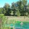 Visage d'un homme nageant dans la piscine naturelle située dans la campagne, avec un ciel bleu.
